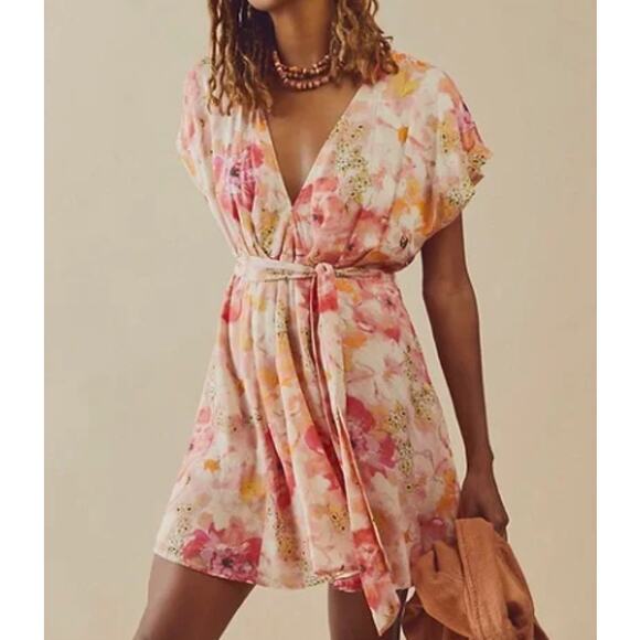 Free People Dresses & Skirts - Free People Women's Freddy Mini Dress Pink Orange Floral Medium Flirty V Neck
